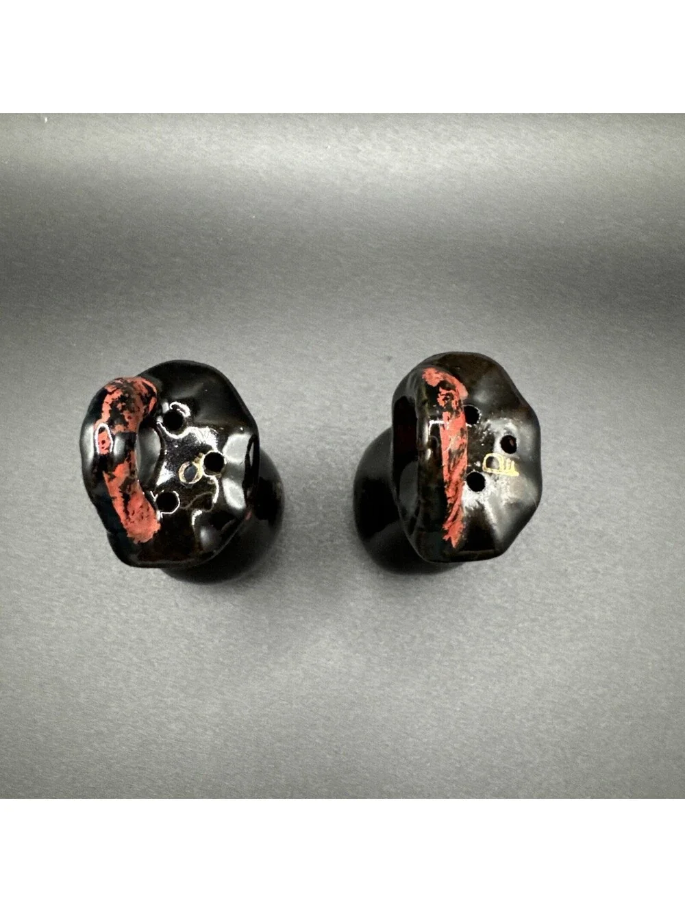 Vintage Black Ceramic Sack Salt and Pepper Shakers Red Bow Handled Set